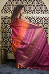 Shubh Lakshmi 2.0 ~ Handloom High Quality Pure Soft Silk Saree in Orange and Blue (Silk Mark Certified) - verymuchindian.com