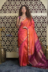 Shubh Lakshmi 2.0 ~ Handloom High Quality Pure Soft Silk Saree in Orange and Blue (Silk Mark Certified) - verymuchindian.com