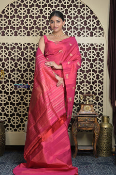 Shubh Lakshmi 2.0 ~ Handloom High Quality Pure Soft Silk Saree in Peach Pink with Cow Motif (Silk Mark Certified) - verymuchindian.com