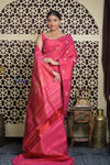 Shubh Lakshmi 2.0 ~ Handloom High Quality Pure Soft Silk Saree in Peach Pink with Cow Motif (Silk Mark Certified) - verymuchindian.com