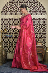 Shubh Lakshmi 2.0 ~ Handloom High Quality Pure Soft Silk Saree in Peach Pink with Cow Motif (Silk Mark Certified) - verymuchindian.com