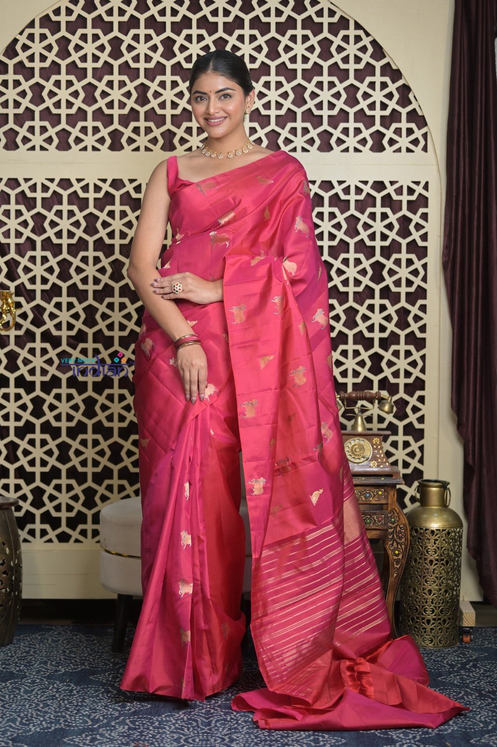 Shubh Lakshmi 2.0 ~ Handloom High Quality Pure Soft Silk Saree in Peach Pink with Cow Motif (Silk Mark Certified) - verymuchindian.com
