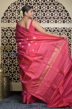 Shubh Lakshmi 2.0 ~ Handloom High Quality Pure Soft Silk Saree in Peach Pink with Cow Motif (Silk Mark Certified) - verymuchindian.com
