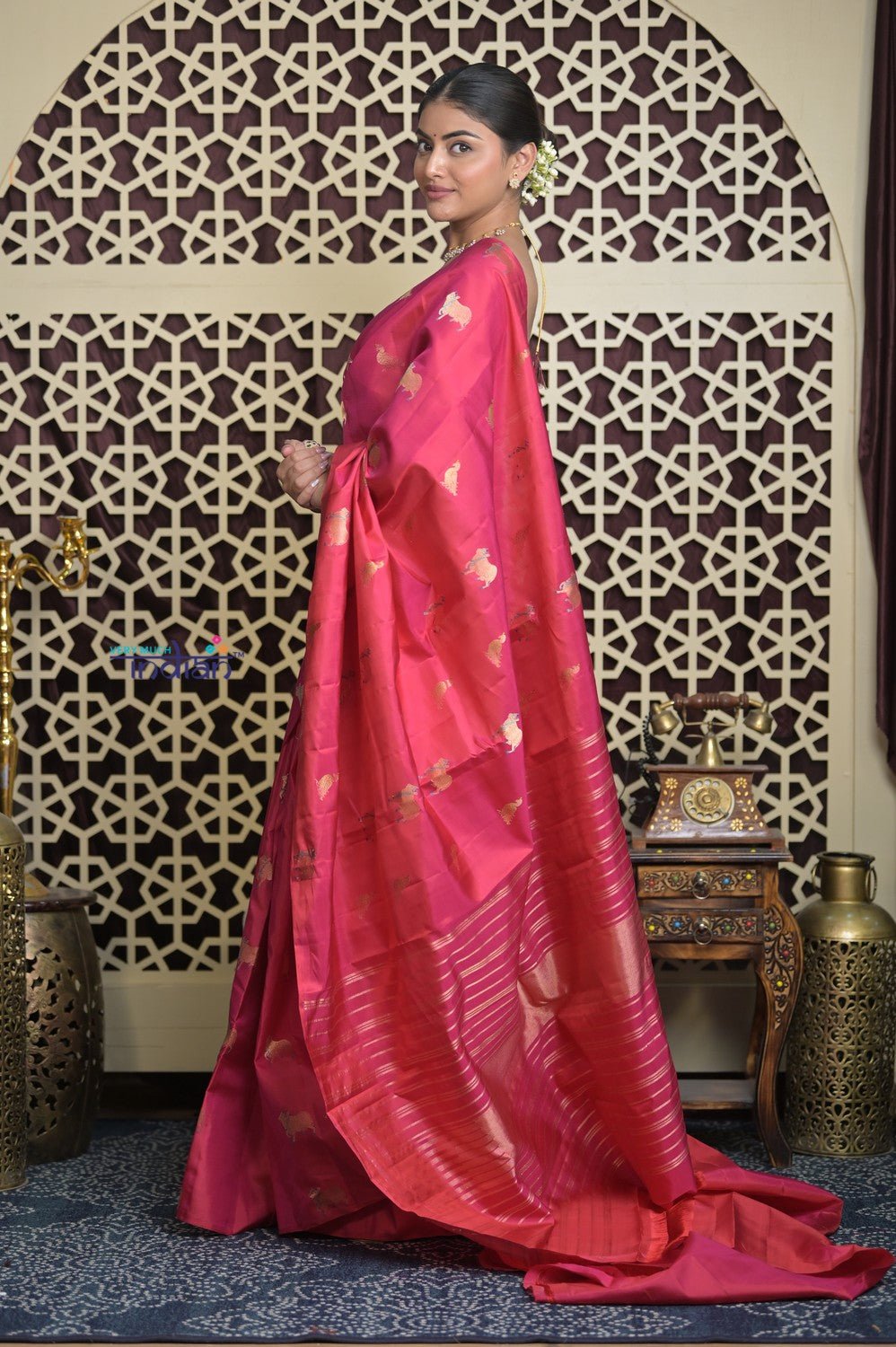 Shubh Lakshmi 2.0 ~ Handloom High Quality Pure Soft Silk Saree in Peach Pink with Cow Motif (Silk Mark Certified) - verymuchindian.com