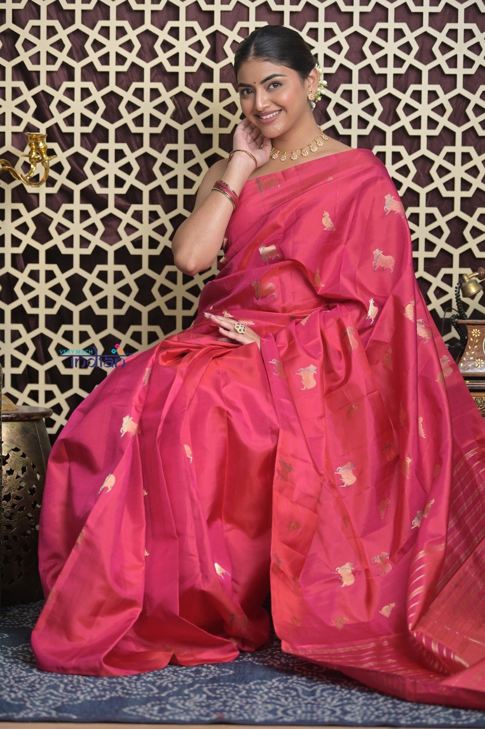 Shubh Lakshmi 2.0 ~ Handloom High Quality Pure Soft Silk Saree in Peach Pink with Cow Motif (Silk Mark Certified) - verymuchindian.com