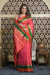 Shubh Lakshmi 2.0 ~ Handloom High Quality Pure Soft Silk Saree in Pink and Check Orange Border (Silk Mark Certified) - verymuchindian.com