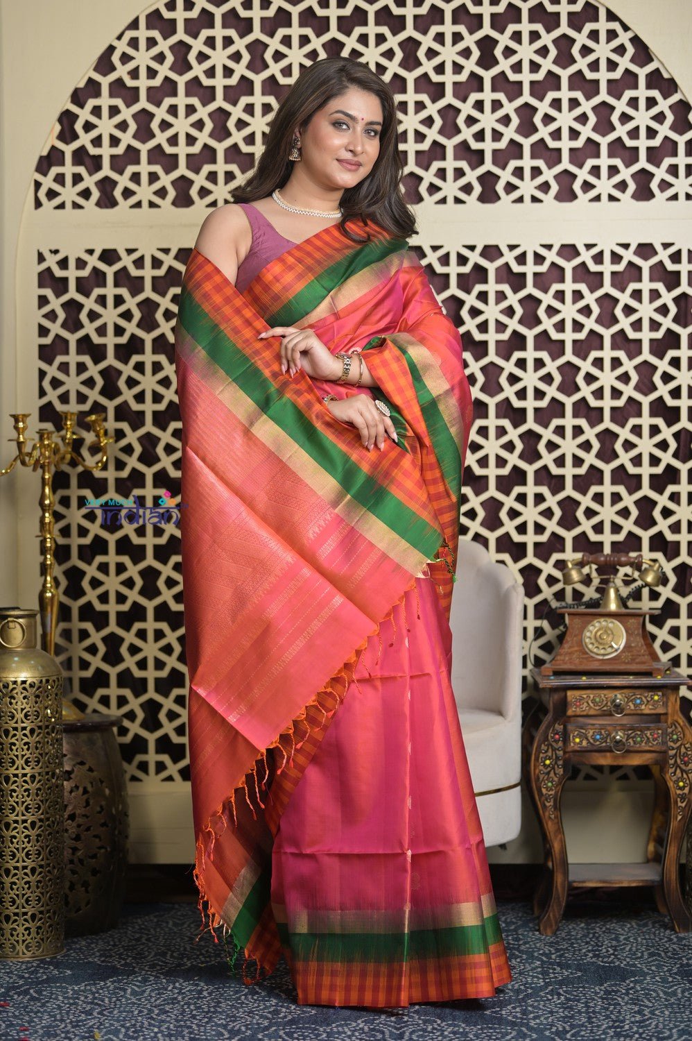 Shubh Lakshmi 2.0 ~ Handloom High Quality Pure Soft Silk Saree in Pink and Check Orange Border (Silk Mark Certified) - verymuchindian.com