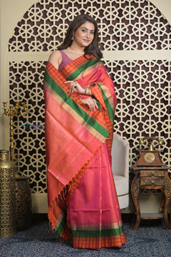 Shubh Lakshmi 2.0 ~ Handloom High Quality Pure Soft Silk Saree in Pink and Check Orange Border (Silk Mark Certified) - verymuchindian.com
