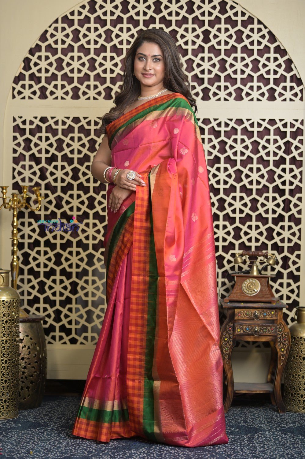 Shubh Lakshmi 2.0 ~ Handloom High Quality Pure Soft Silk Saree in Pink and Check Orange Border (Silk Mark Certified) - verymuchindian.com