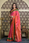 Shubh Lakshmi 2.0 ~ Handloom High Quality Pure Soft Silk Saree in Pink and Check Orange Border (Silk Mark Certified) - verymuchindian.com