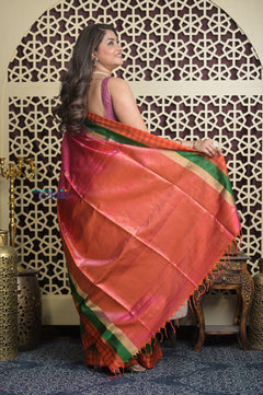 Shubh Lakshmi 2.0 ~ Handloom High Quality Pure Soft Silk Saree in Pink and Check Orange Border (Silk Mark Certified) - verymuchindian.com