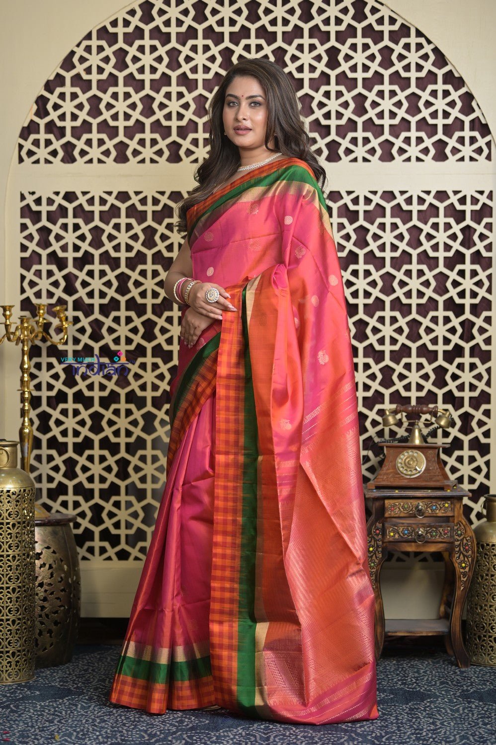 Shubh Lakshmi 2.0 ~ Handloom High Quality Pure Soft Silk Saree in Pink and Check Orange Border (Silk Mark Certified) - verymuchindian.com