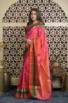 Shubh Lakshmi 2.0 ~ Handloom High Quality Pure Soft Silk Saree in Pink and Check Orange Border (Silk Mark Certified) - verymuchindian.com