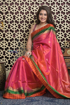 Shubh Lakshmi 2.0 ~ Handloom High Quality Pure Soft Silk Saree in Pink and Check Orange Border (Silk Mark Certified) - verymuchindian.com