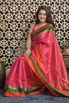 Shubh Lakshmi 2.0 ~ Handloom High Quality Pure Soft Silk Saree in Pink and Check Orange Border (Silk Mark Certified) - verymuchindian.com