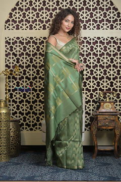 Shubh Lakshmi 2.0 ~ Handloom High Quality Pure Soft Silk Saree in Pista Green and Gold (Silk Mark Certified) - verymuchindian.com