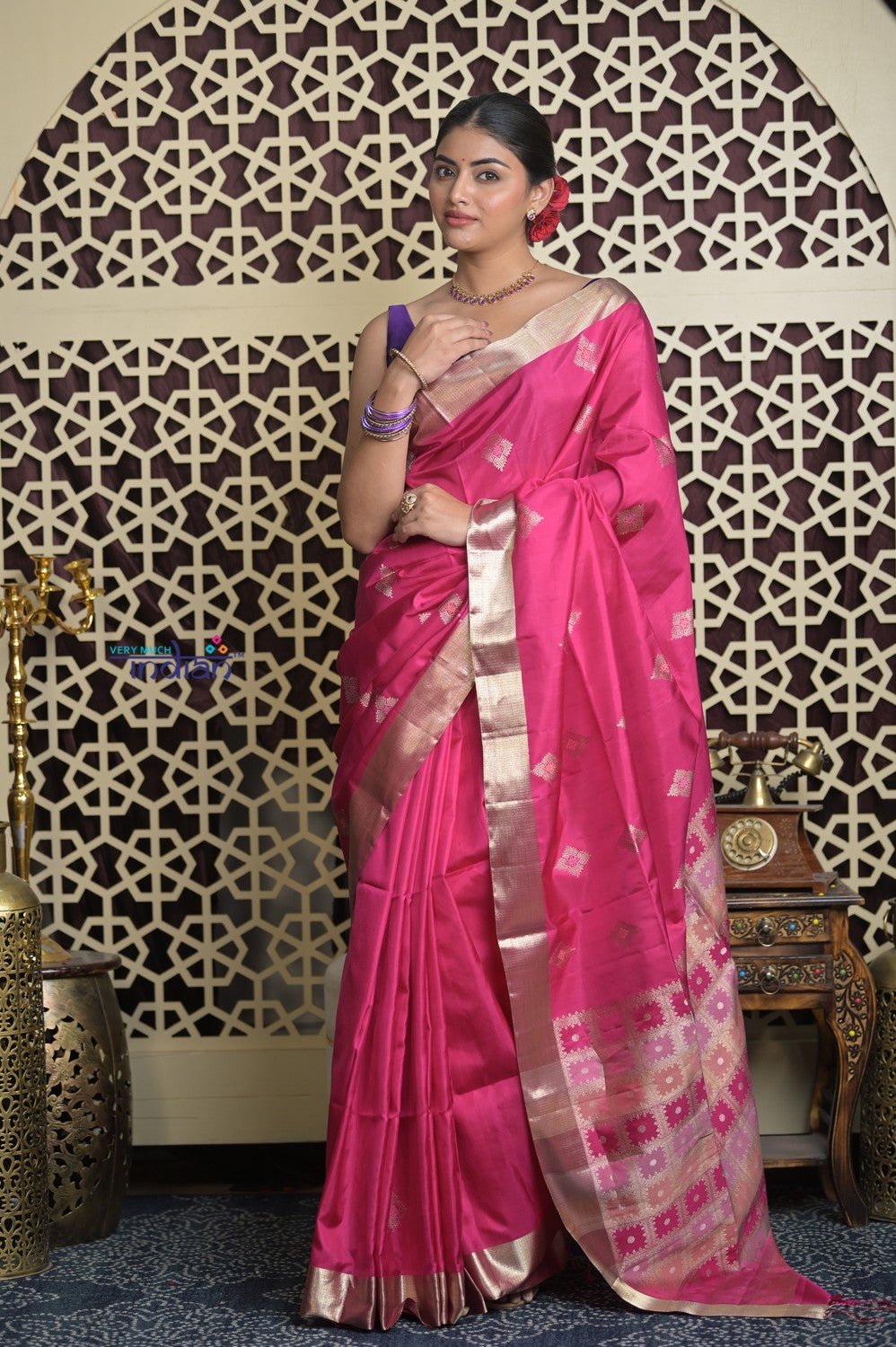 Shubh Lakshmi 2.0 ~ Handloom High Quality Pure Soft Silk Saree in Rani Pink and Silver (Silk Mark Certified) - verymuchindian.com