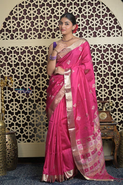 Shubh Lakshmi 2.0 ~ Handloom High Quality Pure Soft Silk Saree in Rani Pink and Silver (Silk Mark Certified) - verymuchindian.com