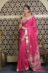 Shubh Lakshmi 2.0 ~ Handloom High Quality Pure Soft Silk Saree in Rani Pink and Silver (Silk Mark Certified) - verymuchindian.com