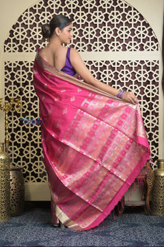 Shubh Lakshmi 2.0 ~ Handloom High Quality Pure Soft Silk Saree in Rani Pink and Silver (Silk Mark Certified) - verymuchindian.com