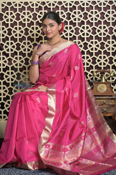 Shubh Lakshmi 2.0 ~ Handloom High Quality Pure Soft Silk Saree in Rani Pink and Silver (Silk Mark Certified) - verymuchindian.com