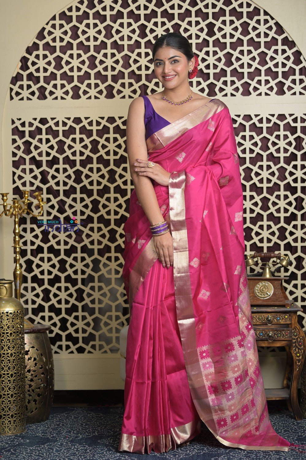 Shubh Lakshmi 2.0 ~ Handloom High Quality Pure Soft Silk Saree in Rani Pink and Silver (Silk Mark Certified) - verymuchindian.com