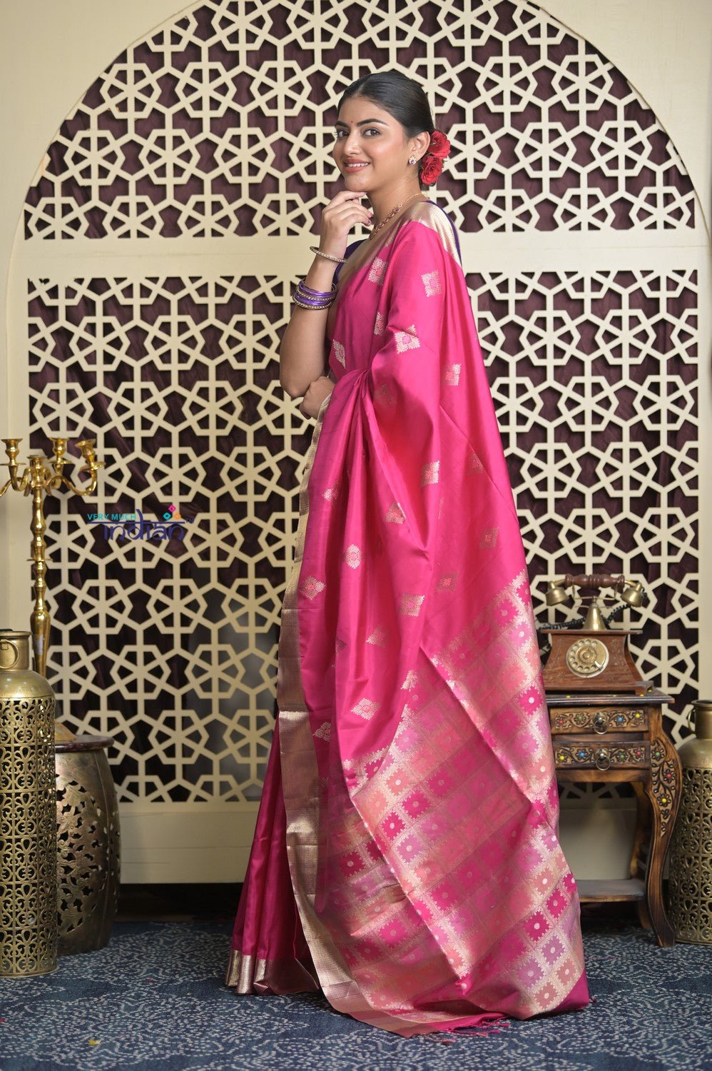 Shubh Lakshmi 2.0 ~ Handloom High Quality Pure Soft Silk Saree in Rani Pink and Silver (Silk Mark Certified) - verymuchindian.com