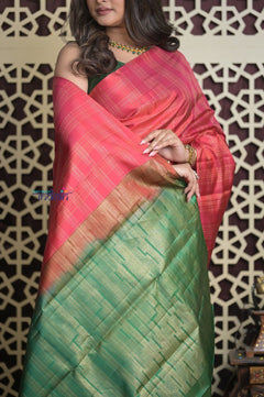 Shubh Lakshmi 2.0 ~ Handloom High Quality Pure Soft Silk Saree in Red and Leaf Green (Silk Mark Certified) - verymuchindian.com