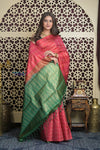 Shubh Lakshmi 2.0 ~ Handloom High Quality Pure Soft Silk Saree in Red and Leaf Green (Silk Mark Certified) - verymuchindian.com