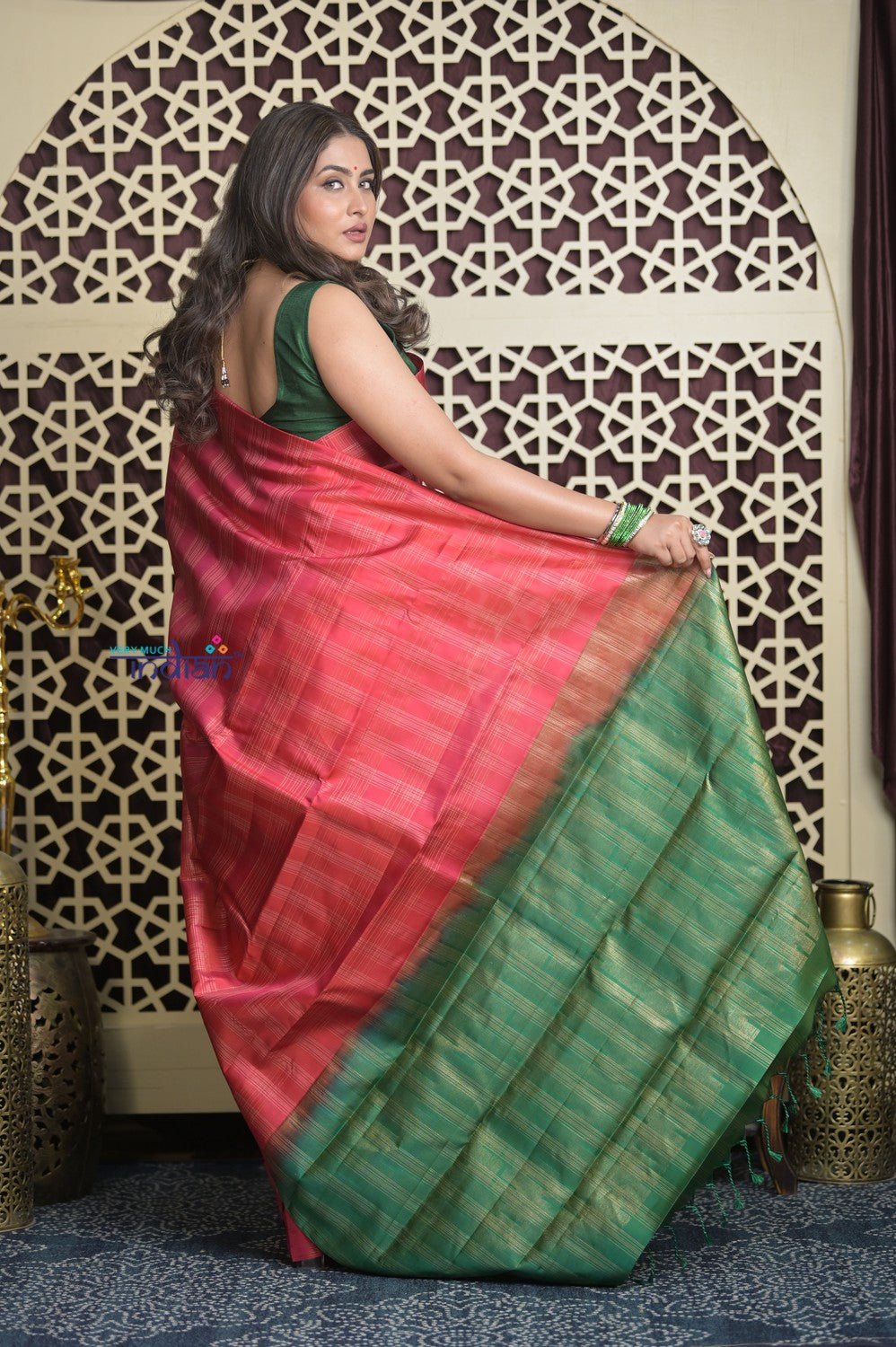 Shubh Lakshmi 2.0 ~ Handloom High Quality Pure Soft Silk Saree in Red and Leaf Green (Silk Mark Certified) - verymuchindian.com
