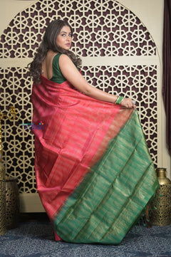 Shubh Lakshmi 2.0 ~ Handloom High Quality Pure Soft Silk Saree in Red and Leaf Green (Silk Mark Certified) - verymuchindian.com