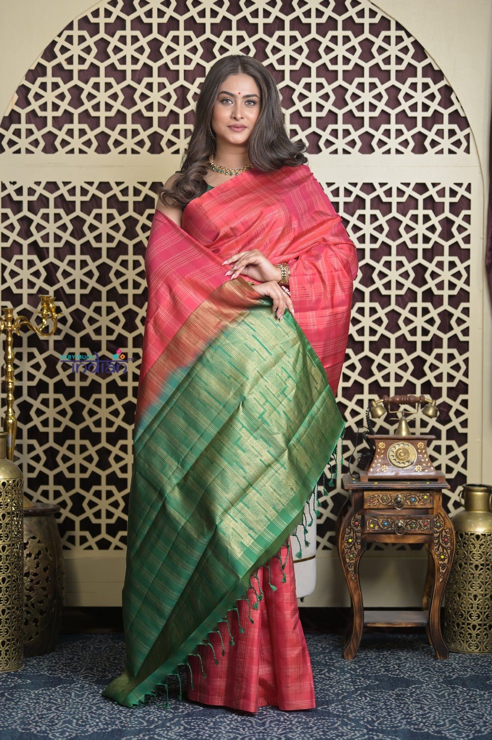 Shubh Lakshmi 2.0 ~ Handloom High Quality Pure Soft Silk Saree in Red and Leaf Green (Silk Mark Certified) - verymuchindian.com
