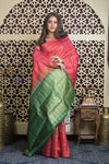 Shubh Lakshmi 2.0 ~ Handloom High Quality Pure Soft Silk Saree in Red and Leaf Green (Silk Mark Certified) - verymuchindian.com
