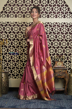 Shubh Lakshmi 2.0 ~ Handloom High Quality Pure Soft Silk Saree in Rose Pink and Gold (Silk Mark Certified) - verymuchindian.com