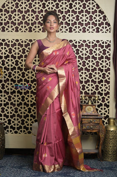 Shubh Lakshmi 2.0 ~ Handloom High Quality Pure Soft Silk Saree in Rose Pink and Gold (Silk Mark Certified) - verymuchindian.com