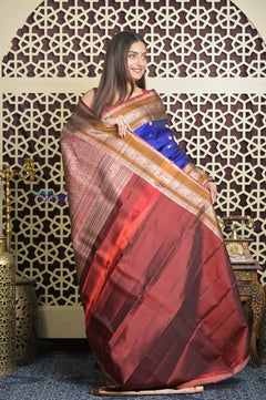 Shubh Lakshmi 2.0 ~ Handloom High Quality Pure Soft Silk Saree in Royal Blue and Yellow (Silk Mark Certified) - verymuchindian.com