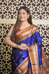 Shubh Lakshmi 2.0 ~ Handloom High Quality Pure Soft Silk Saree in Royal Blue and Yellow (Silk Mark Certified) - verymuchindian.com