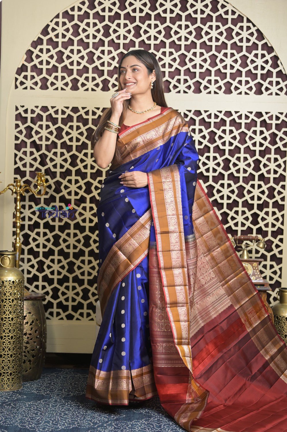 Shubh Lakshmi 2.0 ~ Handloom High Quality Pure Soft Silk Saree in Royal Blue and Yellow (Silk Mark Certified) - verymuchindian.com