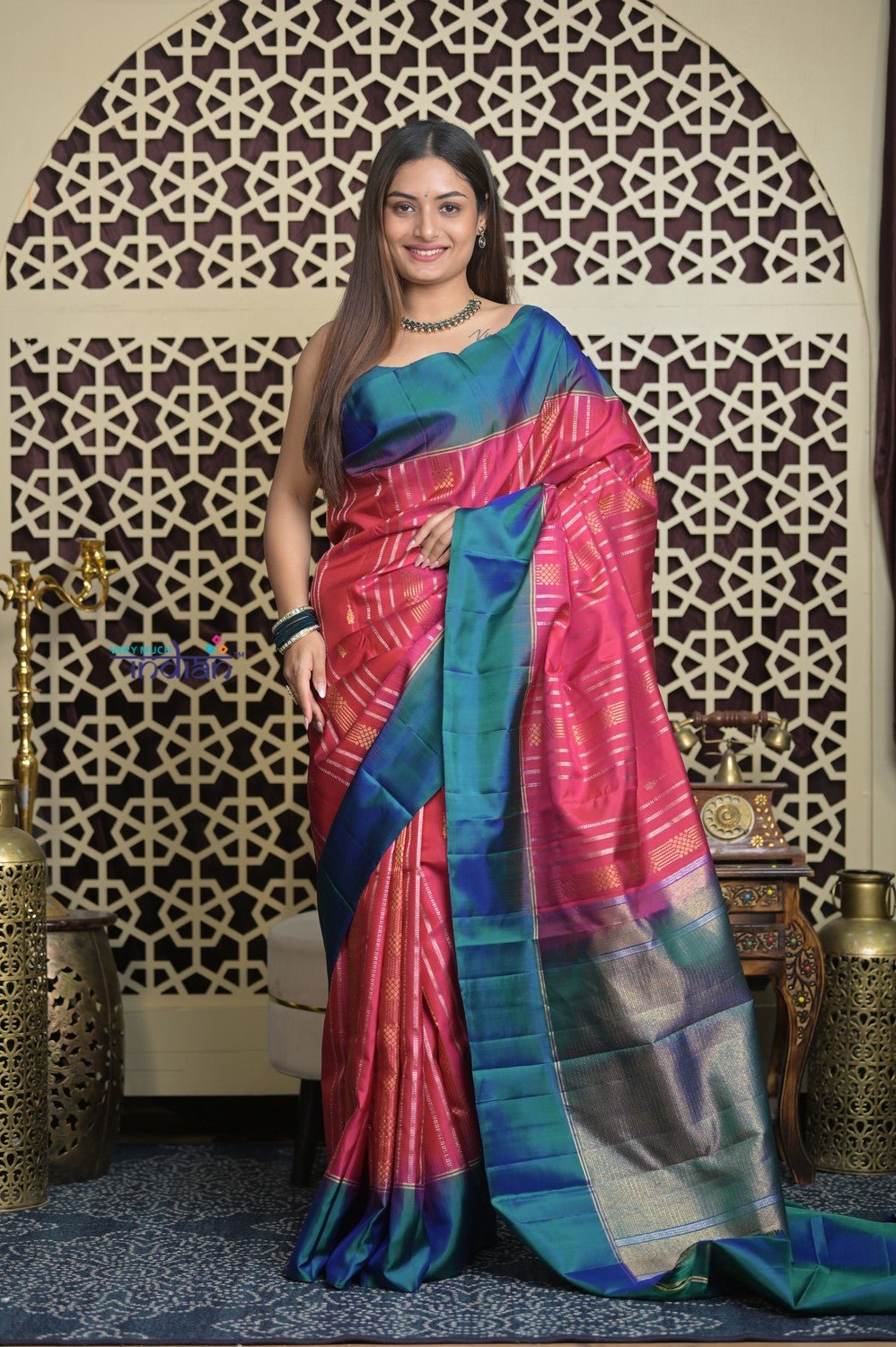 Shubh Lakshmi 2.0 ~ Handloom High Quality Pure Soft Silk Saree in Salient Pink and Blue (Silk Mark Certified) - verymuchindian.com