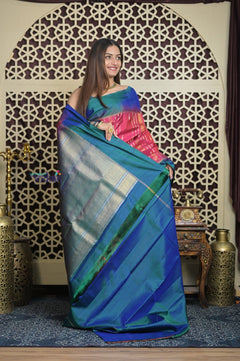 Shubh Lakshmi 2.0 ~ Handloom High Quality Pure Soft Silk Saree in Salient Pink and Blue (Silk Mark Certified) - verymuchindian.com