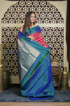Shubh Lakshmi 2.0 ~ Handloom High Quality Pure Soft Silk Saree in Salient Pink and Blue (Silk Mark Certified) - verymuchindian.com