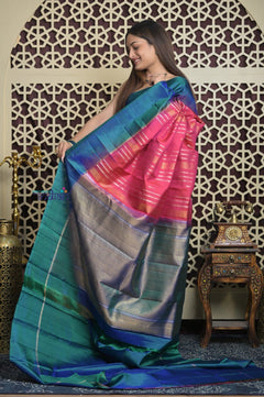 Shubh Lakshmi 2.0 ~ Handloom High Quality Pure Soft Silk Saree in Salient Pink and Blue (Silk Mark Certified) - verymuchindian.com
