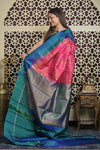 Shubh Lakshmi 2.0 ~ Handloom High Quality Pure Soft Silk Saree in Salient Pink and Blue (Silk Mark Certified) - verymuchindian.com