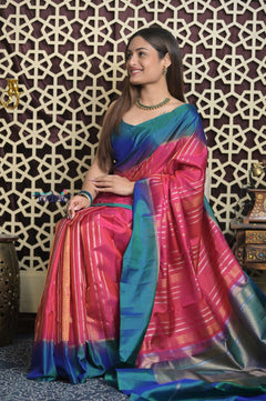 Shubh Lakshmi 2.0 ~ Handloom High Quality Pure Soft Silk Saree in Salient Pink and Blue (Silk Mark Certified) - verymuchindian.com