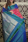 Shubh Lakshmi 2.0 ~ Handloom High Quality Pure Soft Silk Saree in Salient Pink and Blue (Silk Mark Certified) - verymuchindian.com