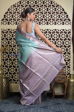 Shubh Lakshmi 2.0 ~ Handloom High Quality Pure Soft Silk Saree in Sea Blue and Lilac (Silk Mark Certified) - verymuchindian.com