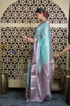 Shubh Lakshmi 2.0 ~ Handloom High Quality Pure Soft Silk Saree in Sea Blue and Lilac (Silk Mark Certified) - verymuchindian.com