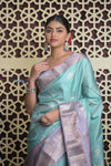 Shubh Lakshmi 2.0 ~ Handloom High Quality Pure Soft Silk Saree in Sea Blue and Lilac (Silk Mark Certified) - verymuchindian.com
