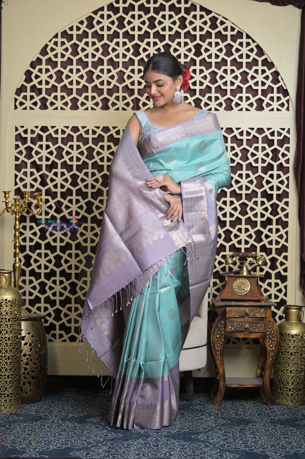 Shubh Lakshmi 2.0 ~ Handloom High Quality Pure Soft Silk Saree in Sea Blue and Lilac (Silk Mark Certified) - verymuchindian.com