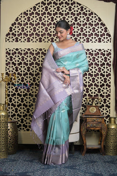 Shubh Lakshmi 2.0 ~ Handloom High Quality Pure Soft Silk Saree in Sea Blue and Lilac (Silk Mark Certified) - verymuchindian.com